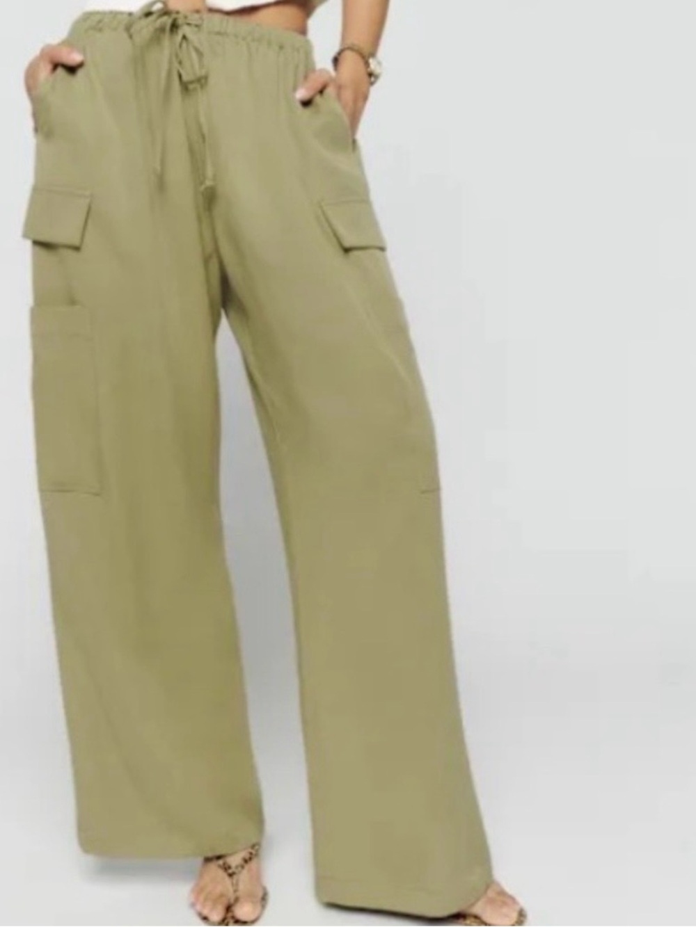 Reformation Ethan Twill Pants, Wide Leg Cargo Pants in Olive Green, S